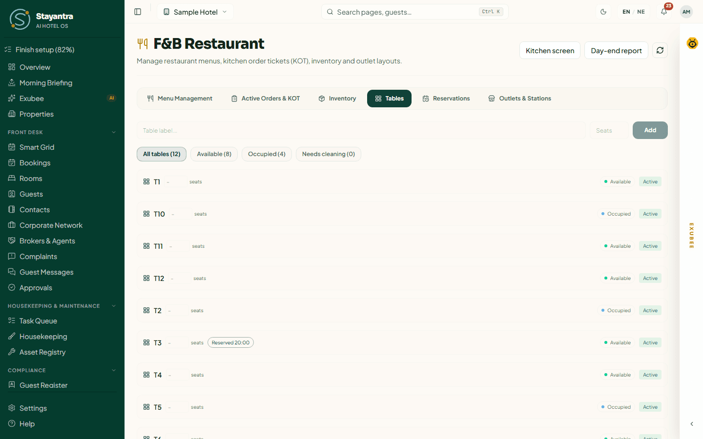 The Tables tab with twelve tables, their status and one reservation