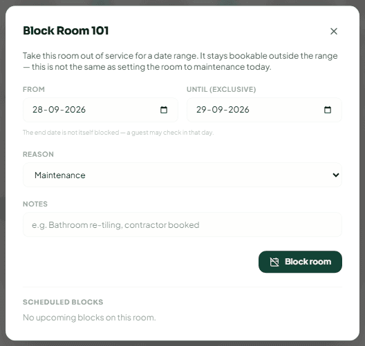 The Block Room dialog with From and Until dates, a reason and notes