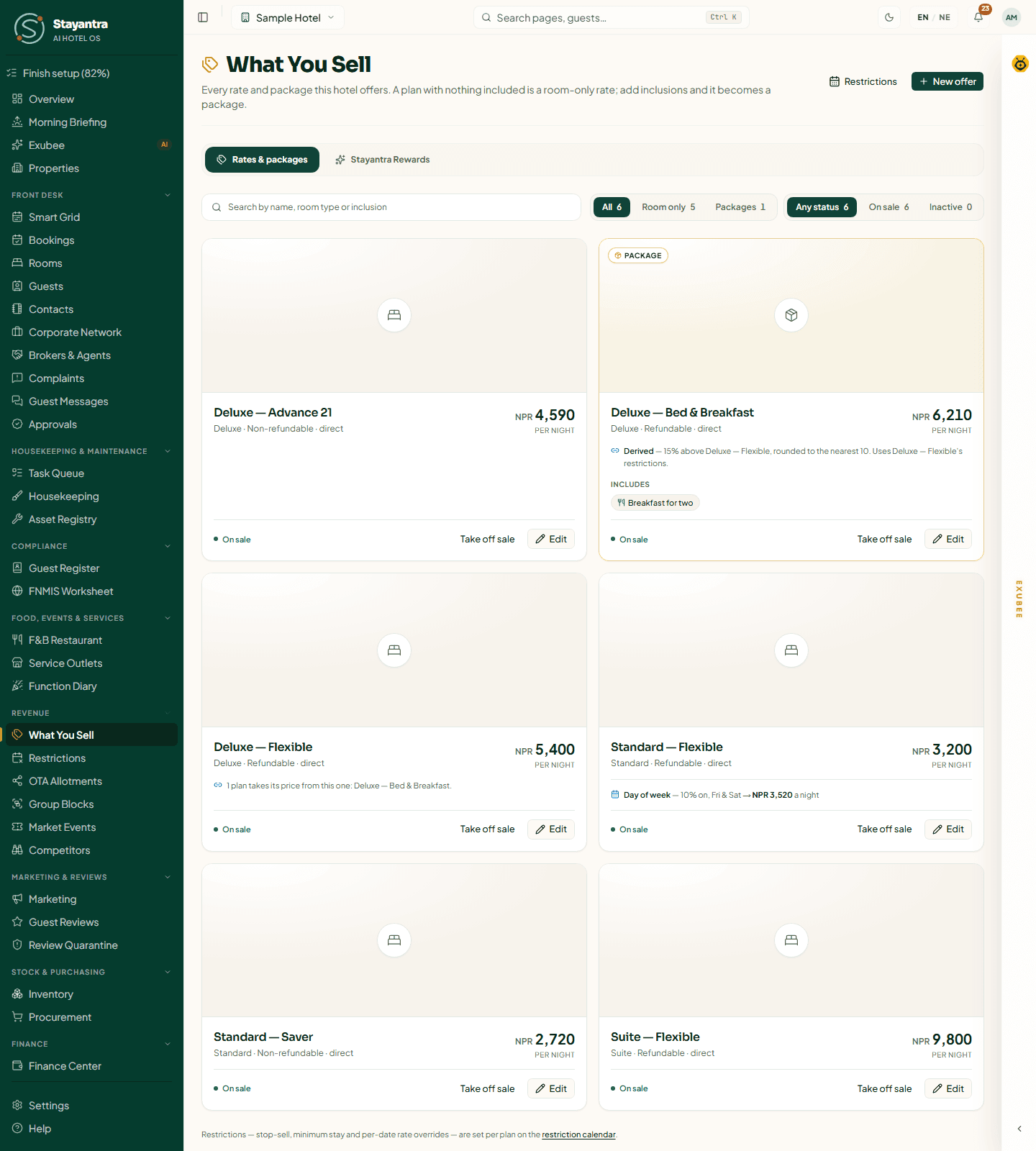 Revenue → What You Sell with five rate plans on sale, each with its room type, refundability, price per night, Take off sale and Edit