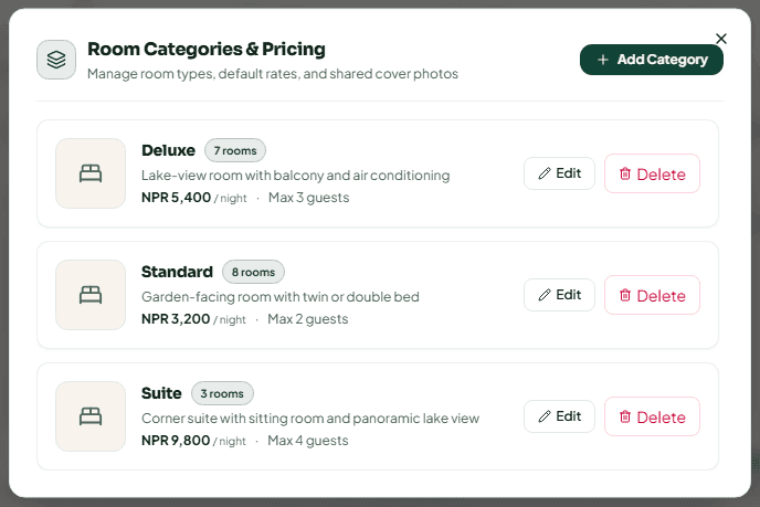 The Room Categories & Pricing dialog listing each category with its rooms, price and capacity, with Edit and Delete