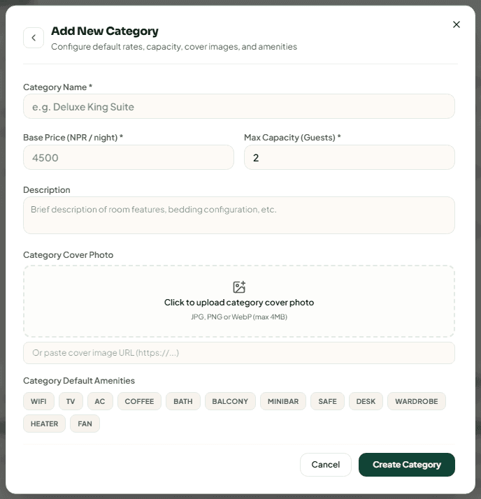 The Add New Category form with name, base price, capacity, description, cover photo and default amenities