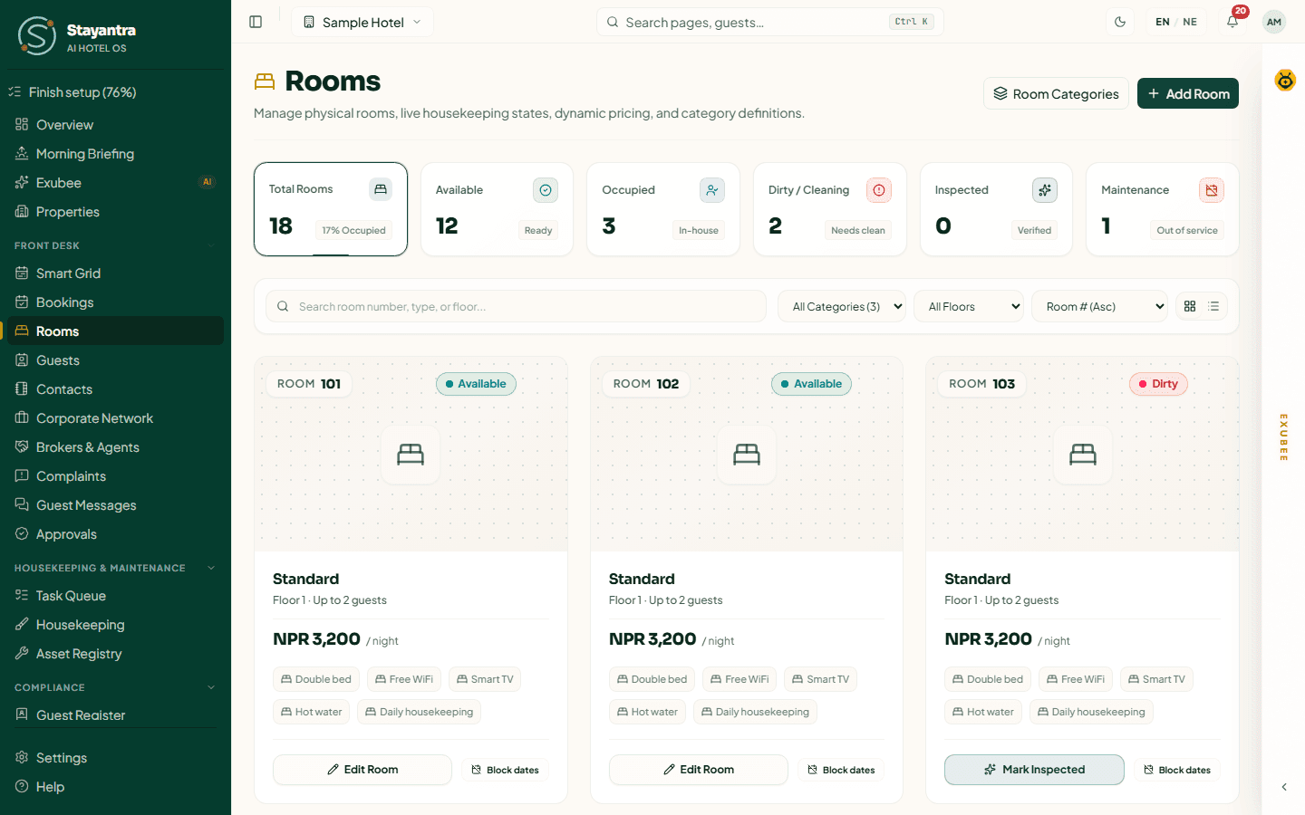 Front Desk → Rooms: counts of available, occupied, dirty, inspected and maintenance rooms, filters, and a card per room with its type, floor, price and amenities