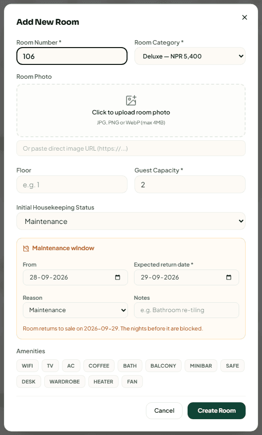 The Add New Room dialog with room number 106, category Deluxe, and the status set to Maintenance showing the maintenance window