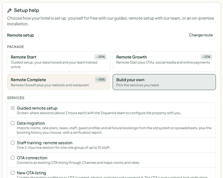 Remote setup chosen: the three packages, Build your own, and the list of services