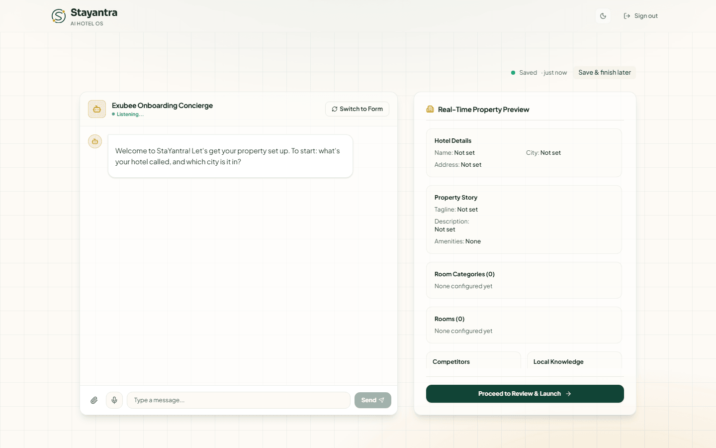 The chat route: Exubee's first question on the left, the Real-Time Property Preview on the right