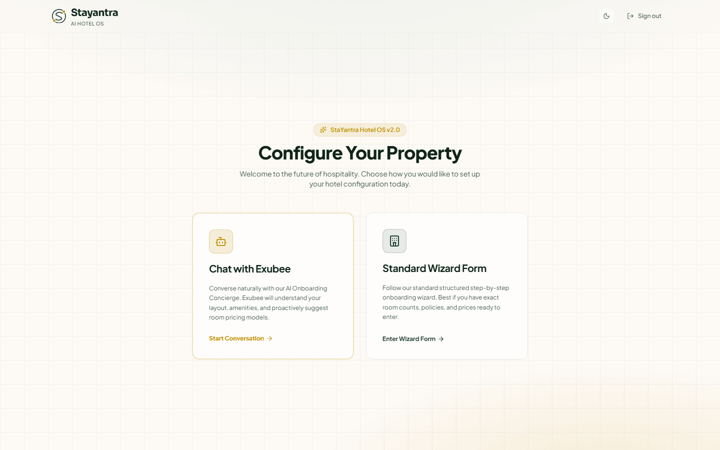 Configure Your Property, with the two cards Chat with Exubee and Standard Wizard Form