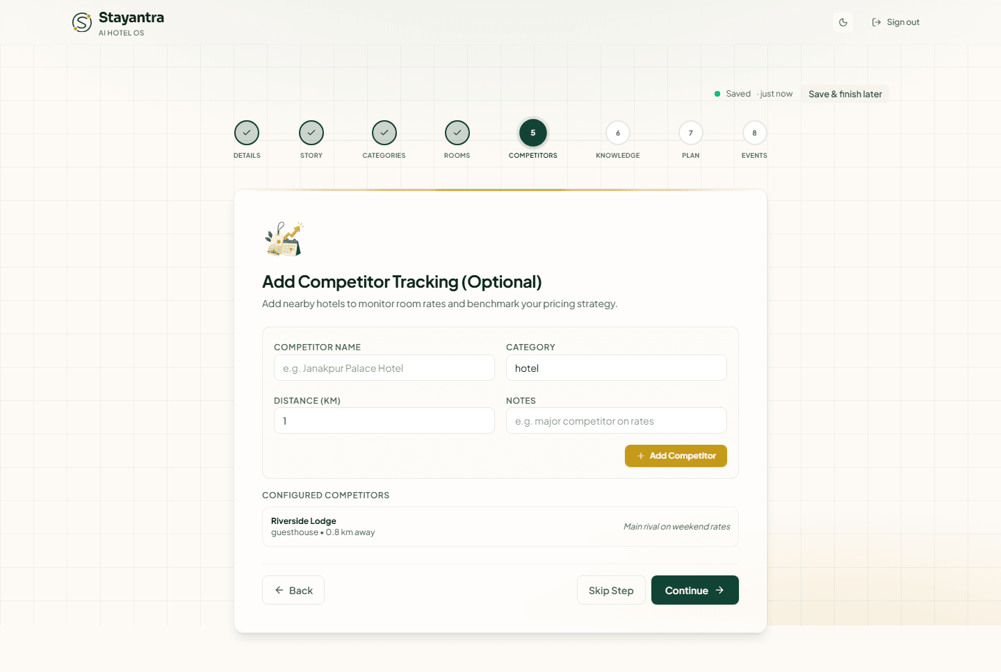 Competitor Tracking with Riverside Lodge added as a guesthouse 0.8 km away