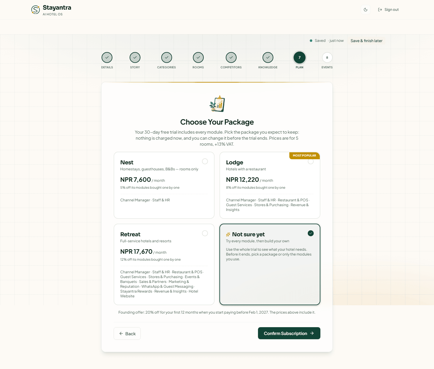 Choose Your Package with monthly prices for each package and Not sure yet selected
