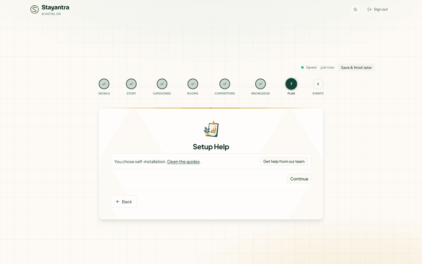 After choosing self-installation: You chose self-installation, with Open the guides, Get help from our team and Continue