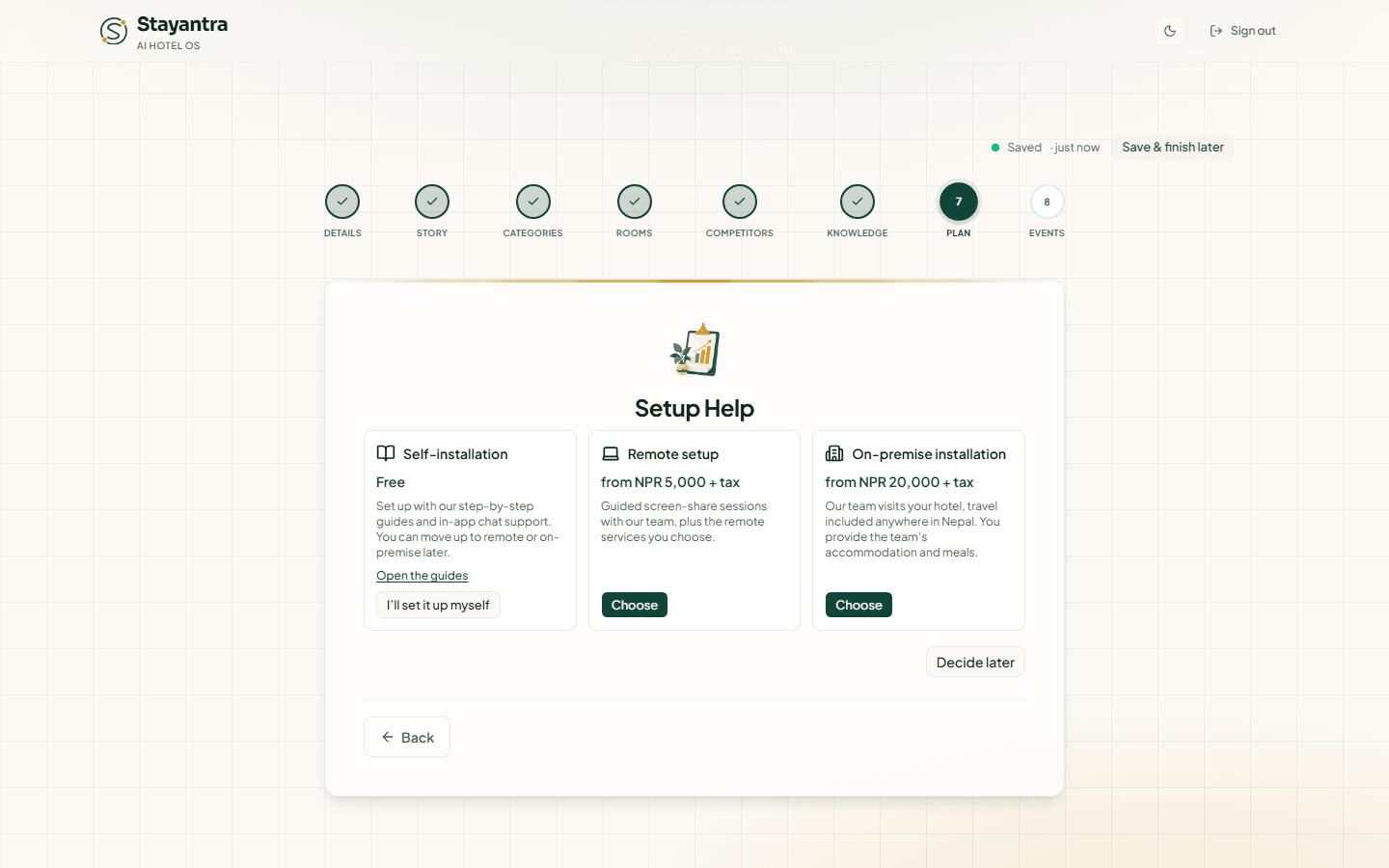 Setup Help with three routes: Self-installation (free), Remote setup and On-premise installation