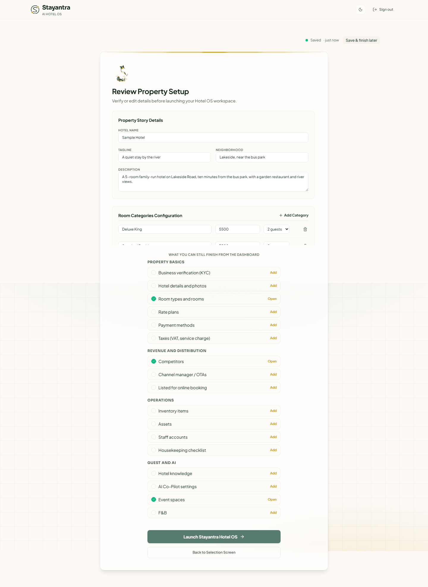 Review Property Setup with the hotel name, room categories, room inventory and the Provisioning Summary