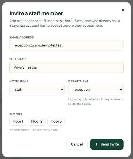 The Invite a staff member dialog with email, full name, hotel role staff, department reception and floors