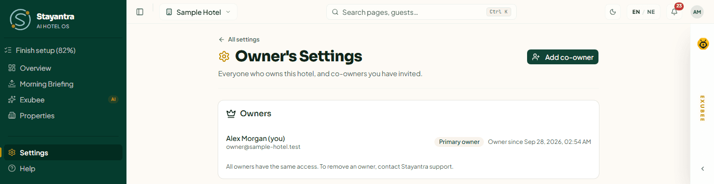 Owner's Settings listing the hotel's owners with the Add co-owner button