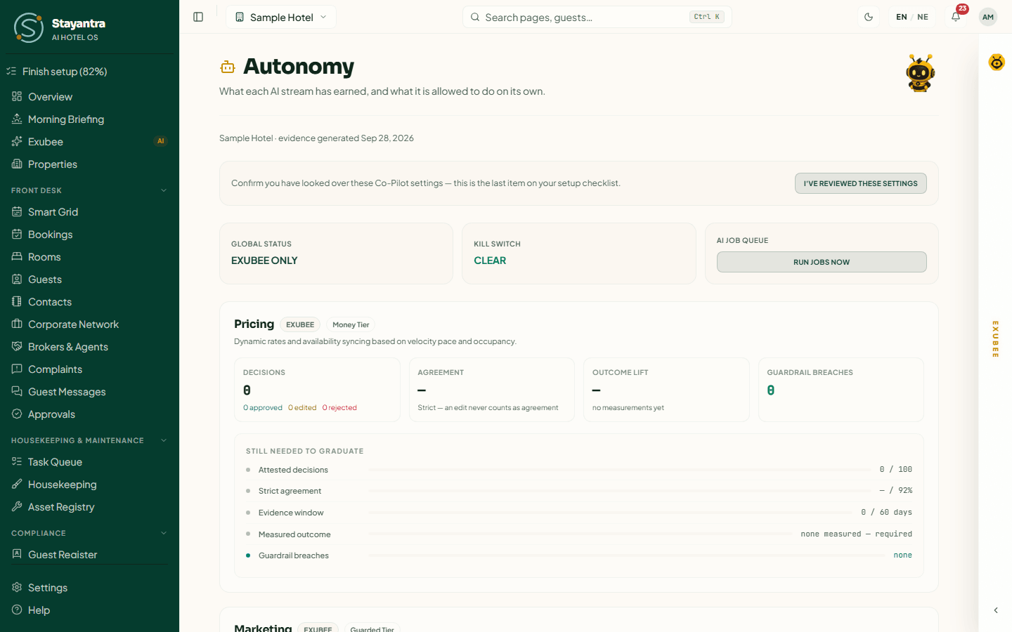 The Autonomy page with the global status, the kill switch state and a card for each area of Exubee
