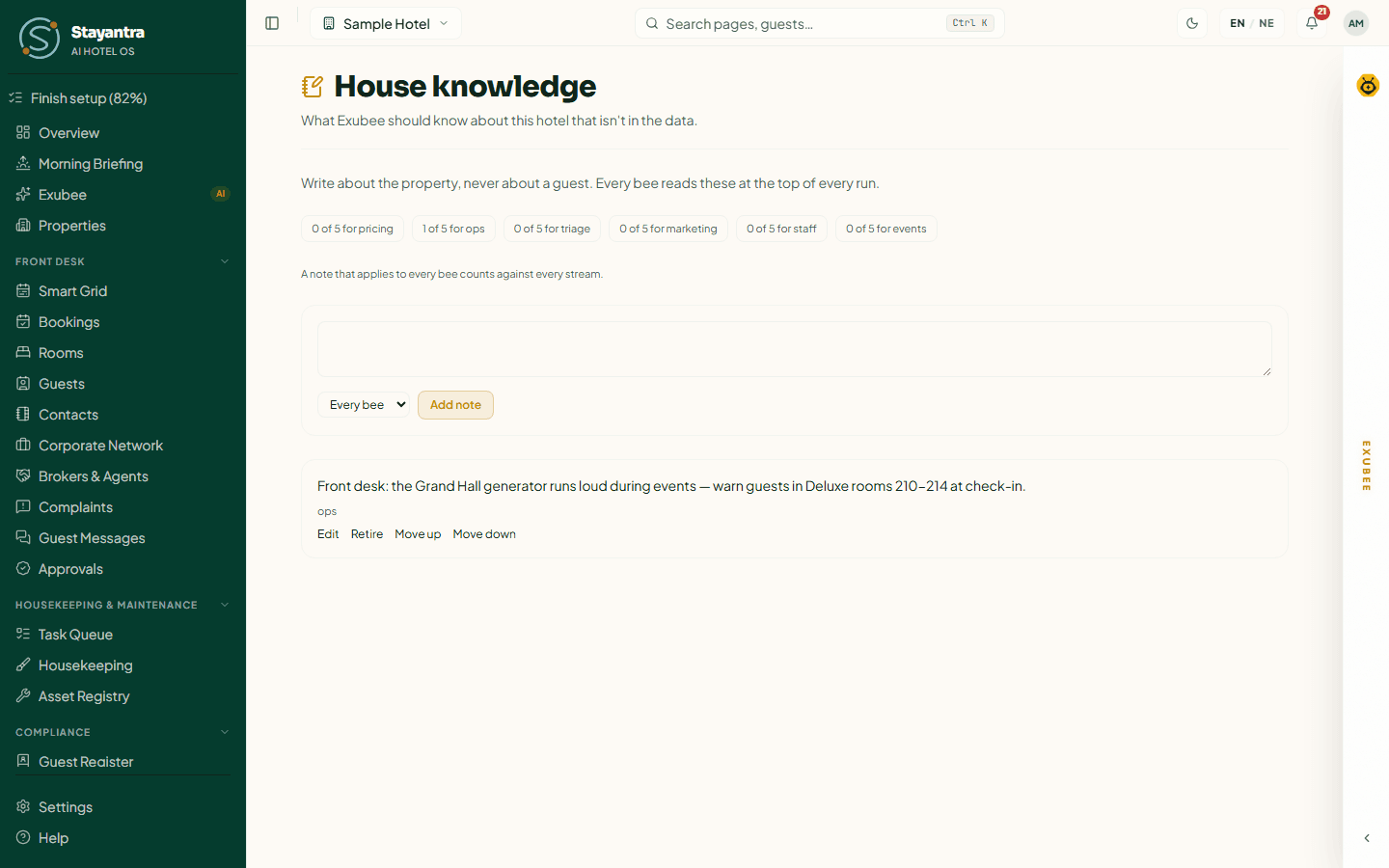 The House knowledge page with one note and the usage count for each area
