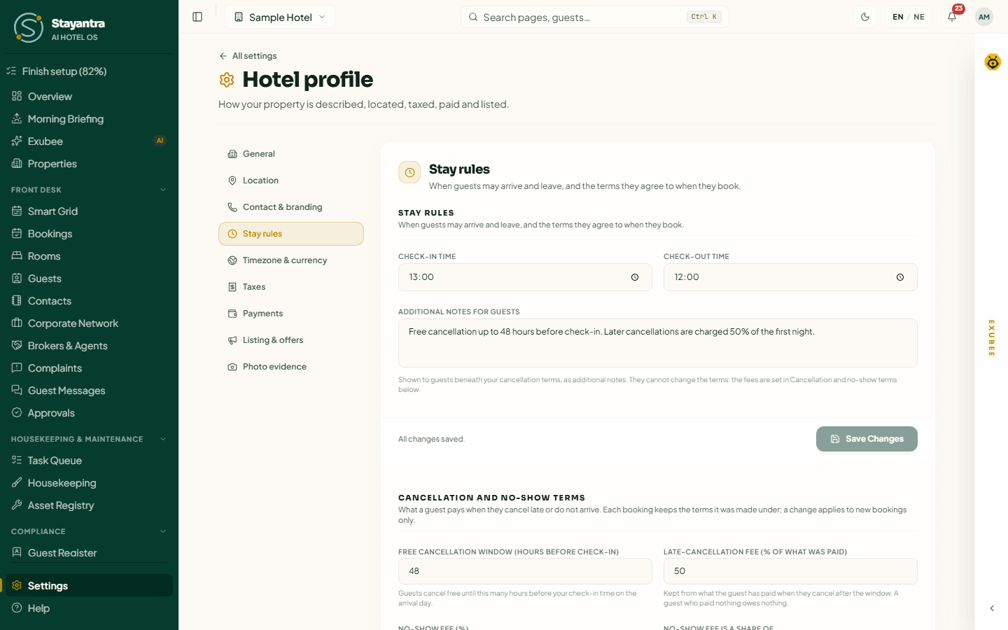 The Stay rules page with check-in and check-out times and the cancellation and no-show terms
