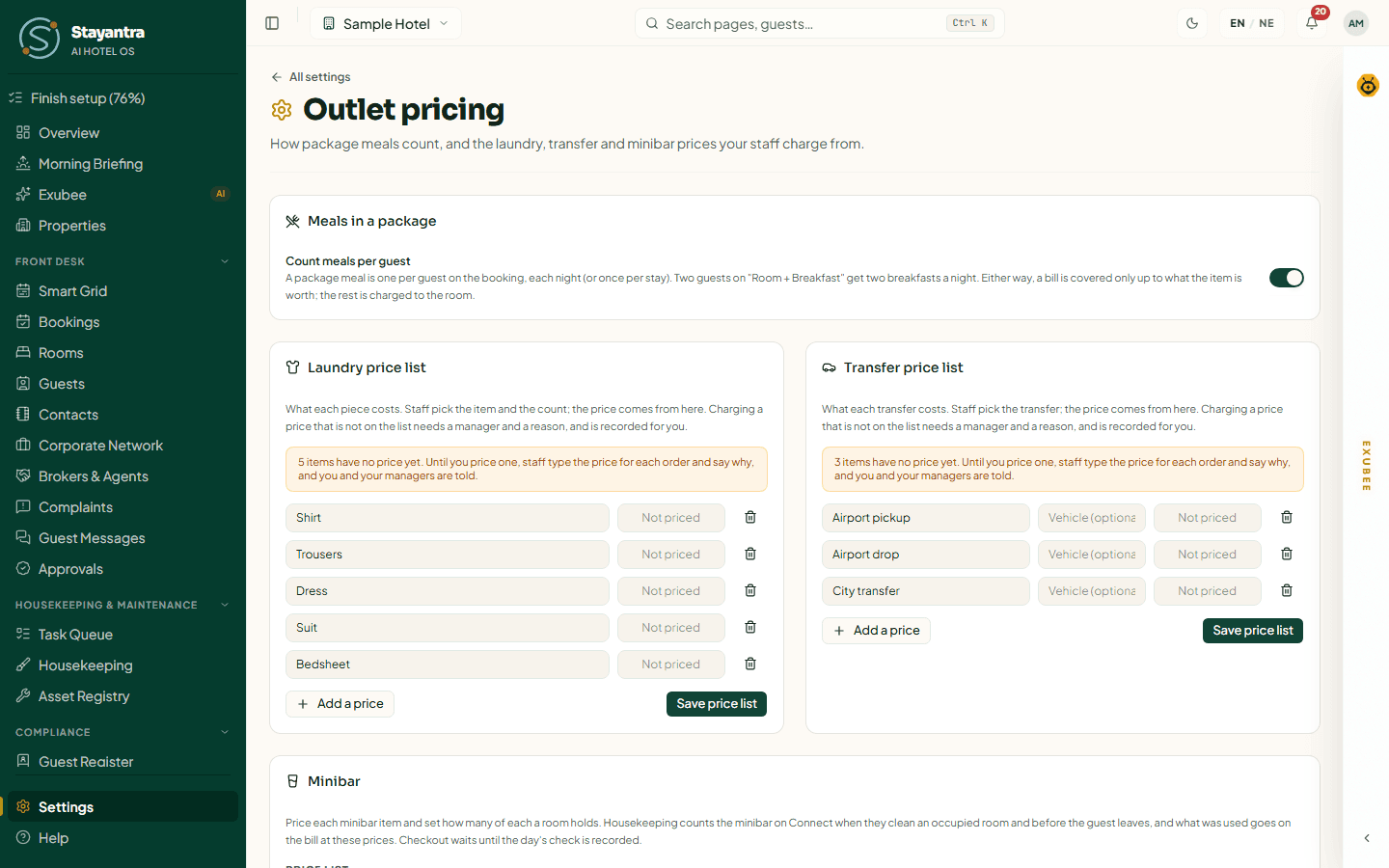 Outlet pricing with Meals in a package, the laundry and transfer price lists, and the minibar