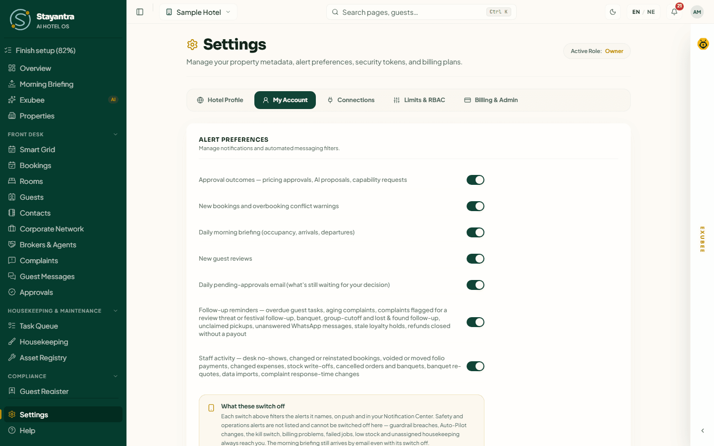 The Settings page on the My Account tab, with the five tabs across the top