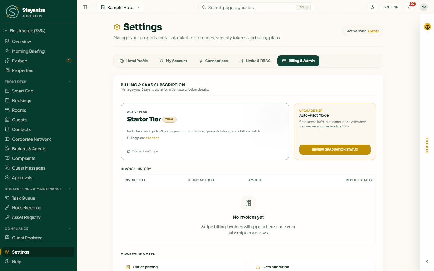 The Billing and Admin tab with the plan card, the Auto-Pilot card, and the Outlet pricing and Data Migration cards