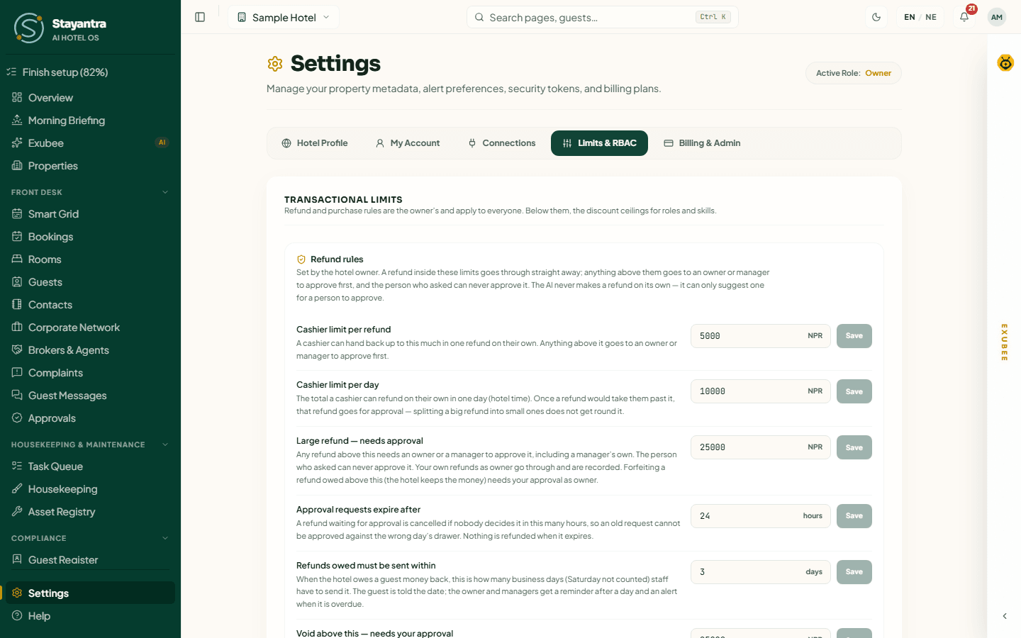 The Limits and RBAC tab, starting with the owner's Refund rules