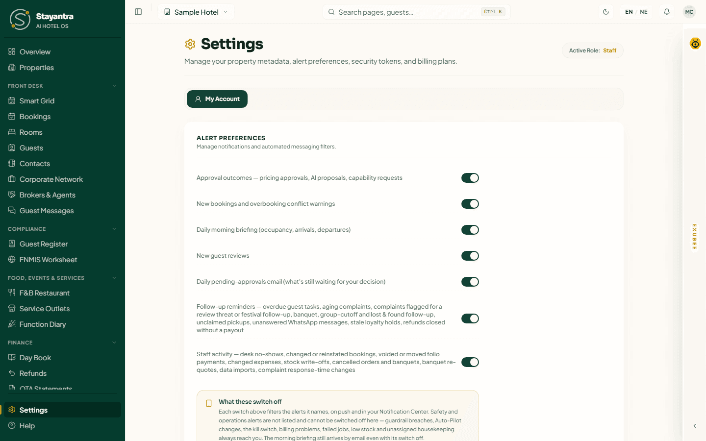 A front desk user's Settings page, showing only the My Account tab