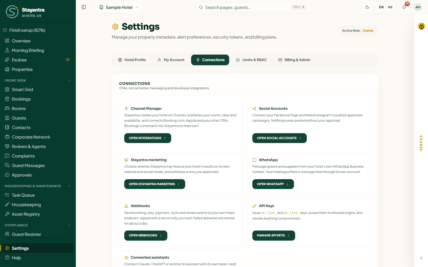 The Connections tab showing the Channel Manager, Social Accounts, Stayantra marketing, WhatsApp, Webhooks and API Keys cards, with Connected assistants below