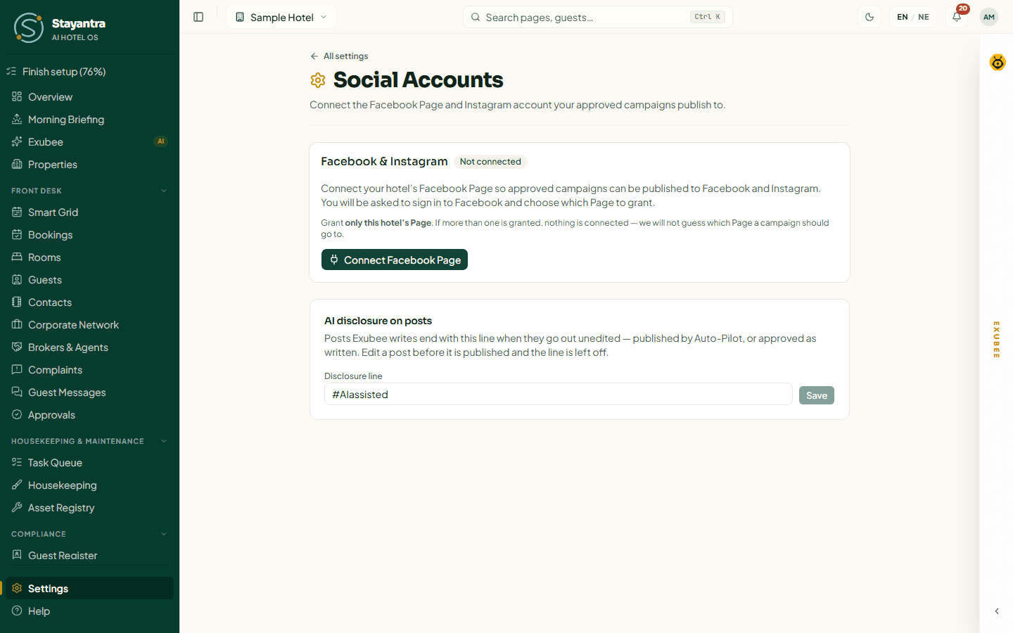 Social Accounts with the Facebook and Instagram card and the AI disclosure line
