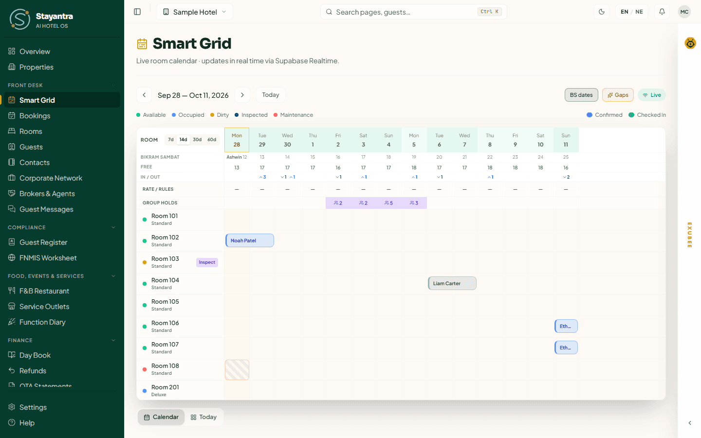 The Smart Grid showing two weeks of bookings, the free-room row and one room out of service