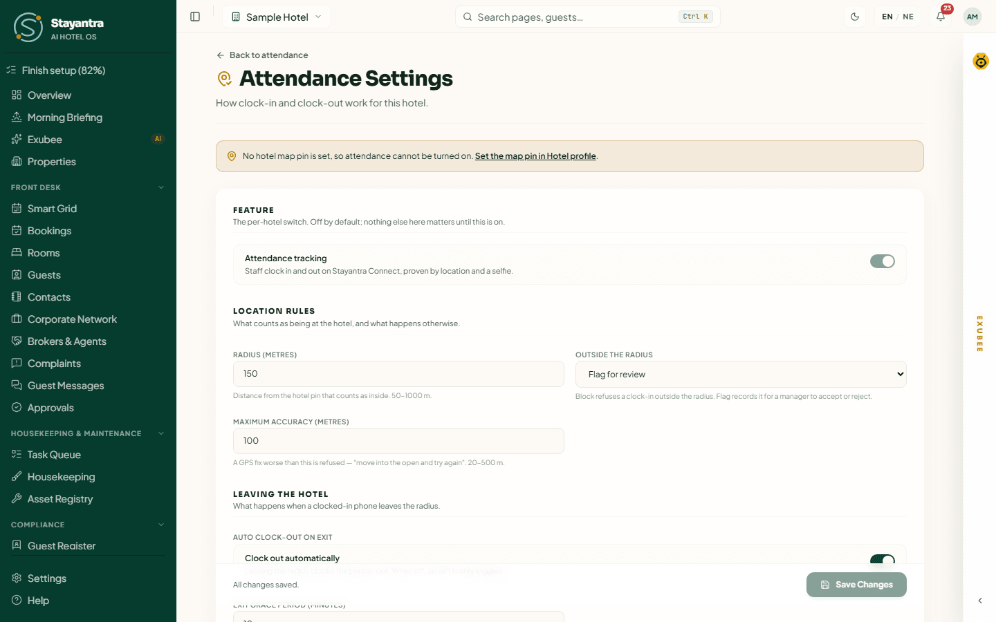 Attendance settings with location, exit and selfie rules