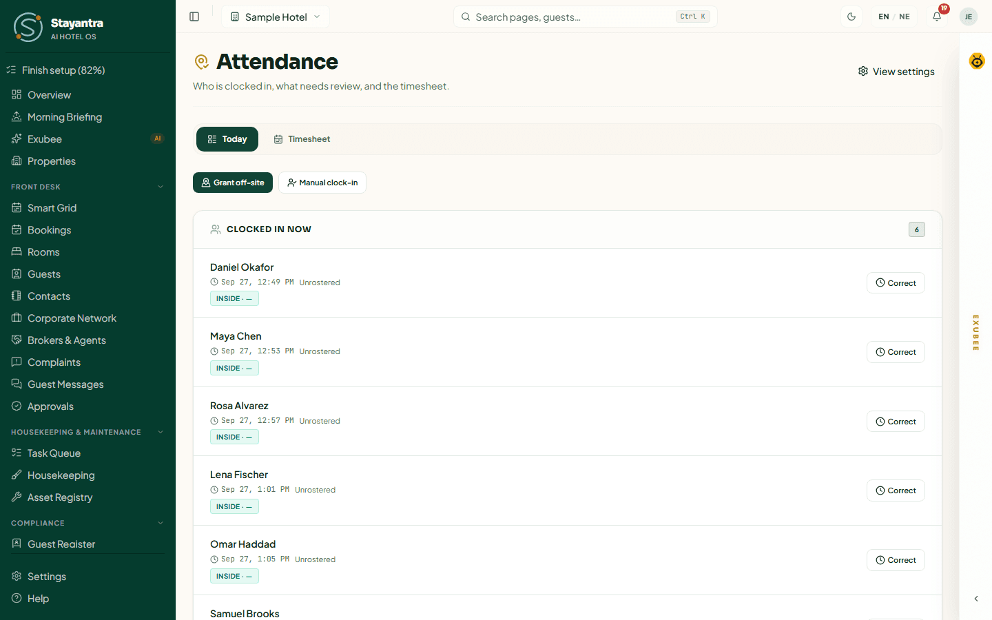 The attendance team board with who is clocked in and what needs review