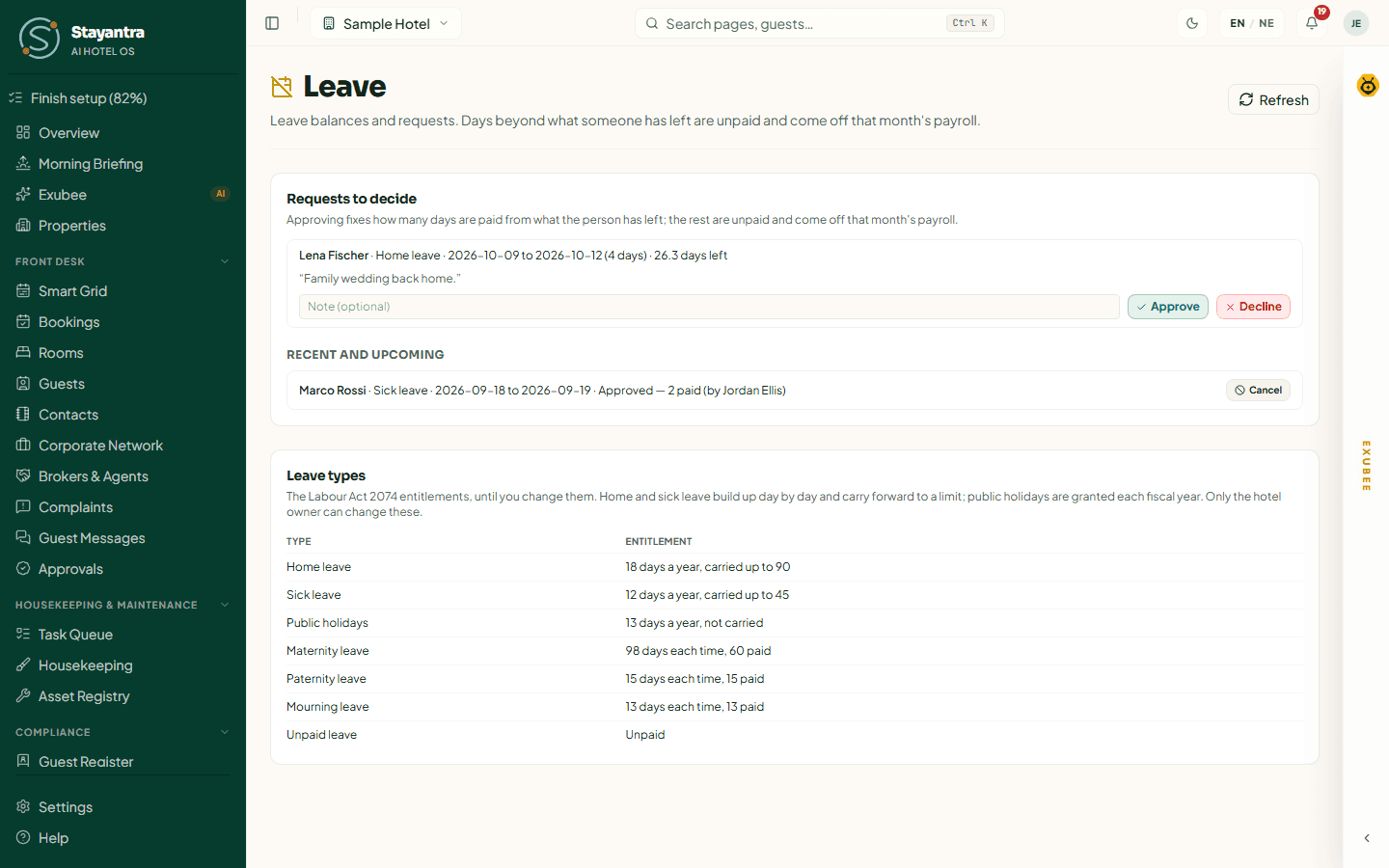 The Leave page with a request waiting for a decision