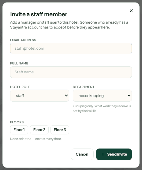 The Invite a staff member dialog