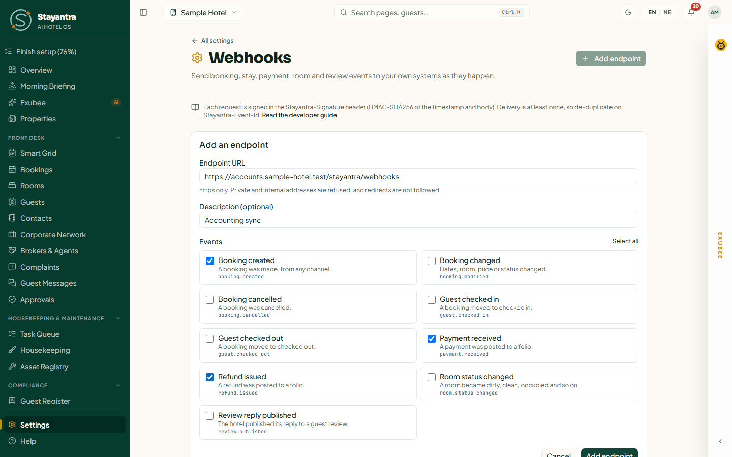 The Add an endpoint form with an https address, a description and three events ticked