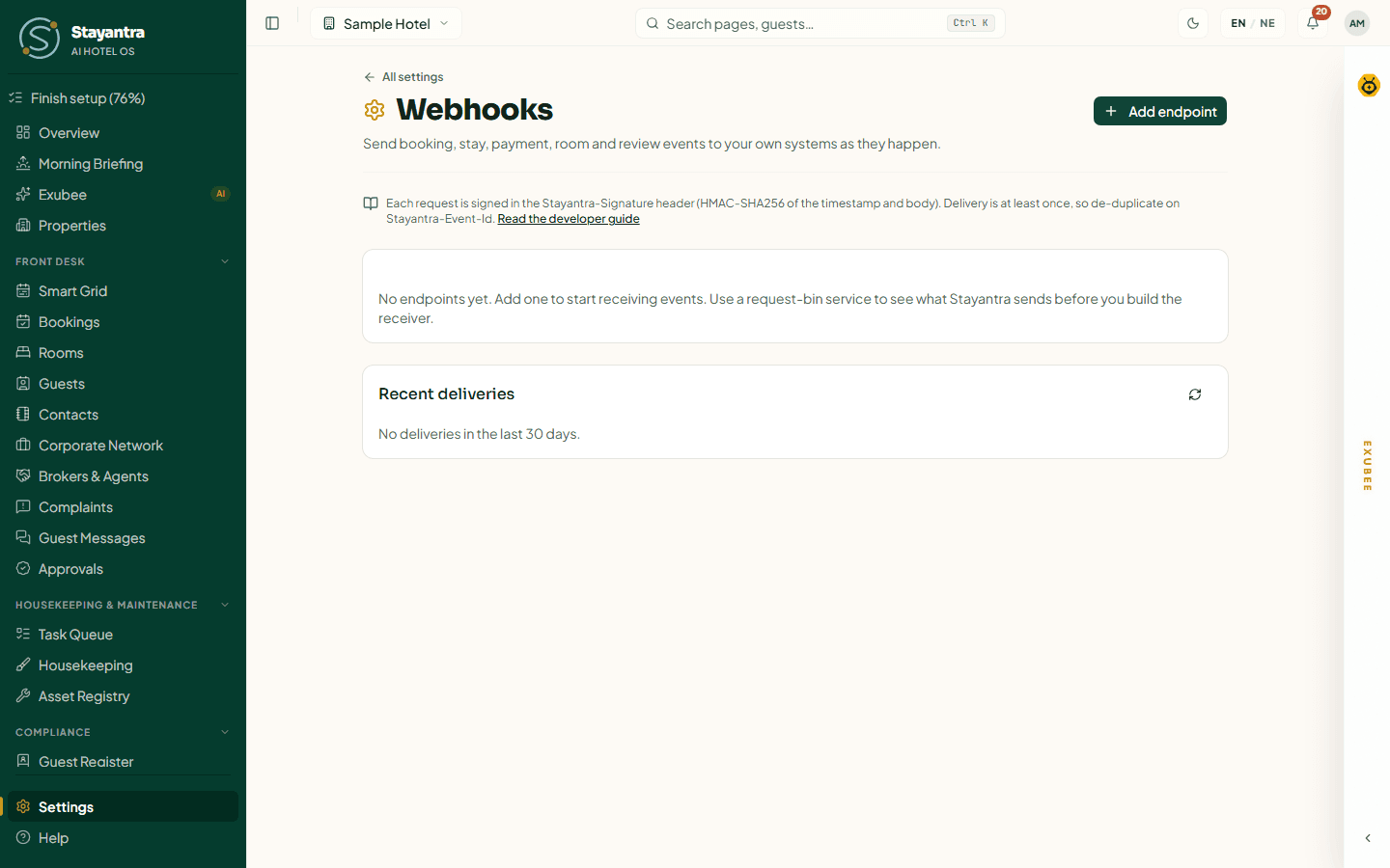 The Webhooks page before any endpoint is added